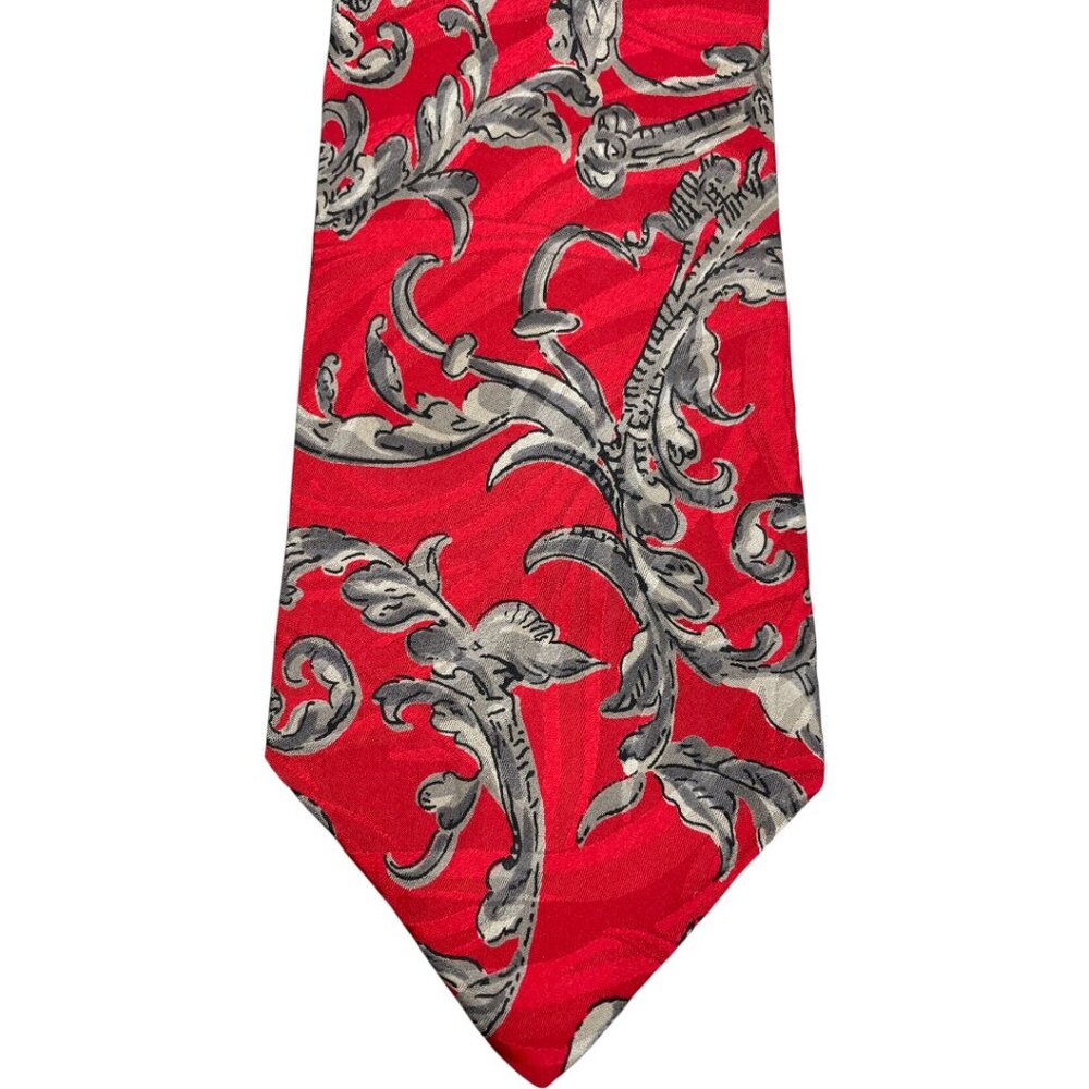 Bachrach Silk Tie Red Gray Floral Paisley Scroll Made In Italy